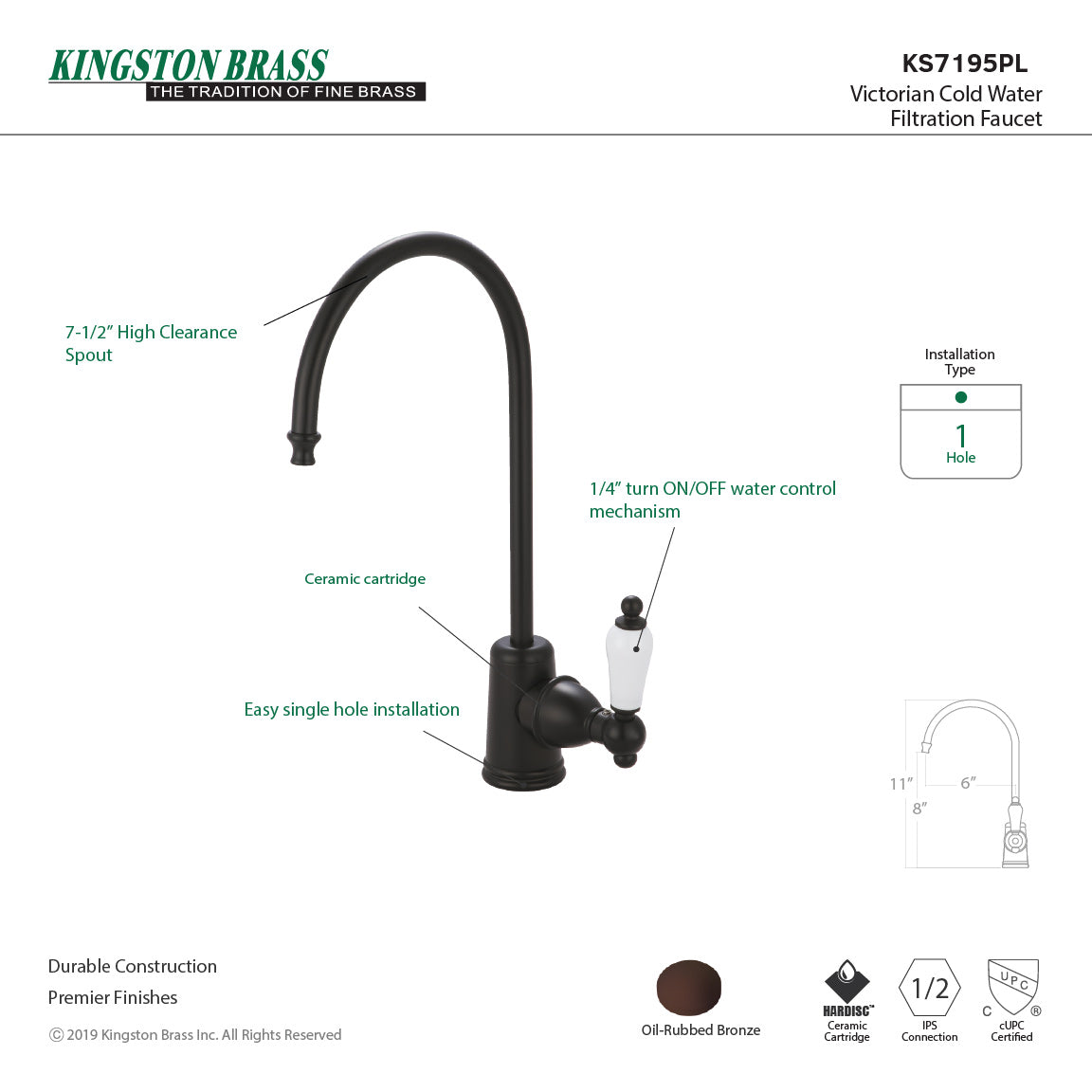 Kingston Heirloom KS7195PL - Victorian Single-Handle 1-Hole Deck Mount Water Filtration Faucet, Oil Rubbed Bronze — thumbnail 2